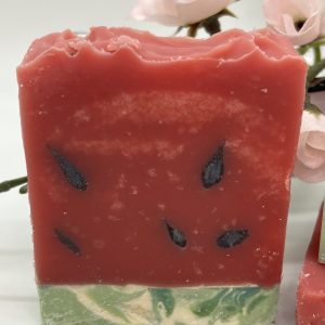 Watermelon goat milk soap handcrafted to resemble a fresh watermelon slice