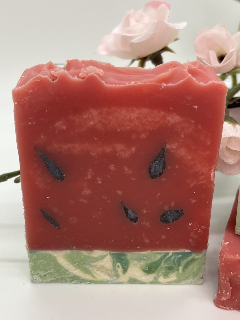 Watermelon goat milk soap handcrafted to resemble a fresh watermelon slice