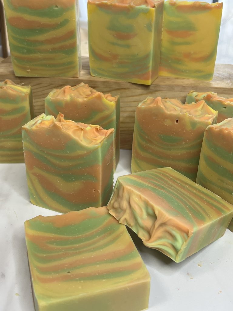 Taste the Rainbow fruity goat milk soap with colorful rainbow striped layers