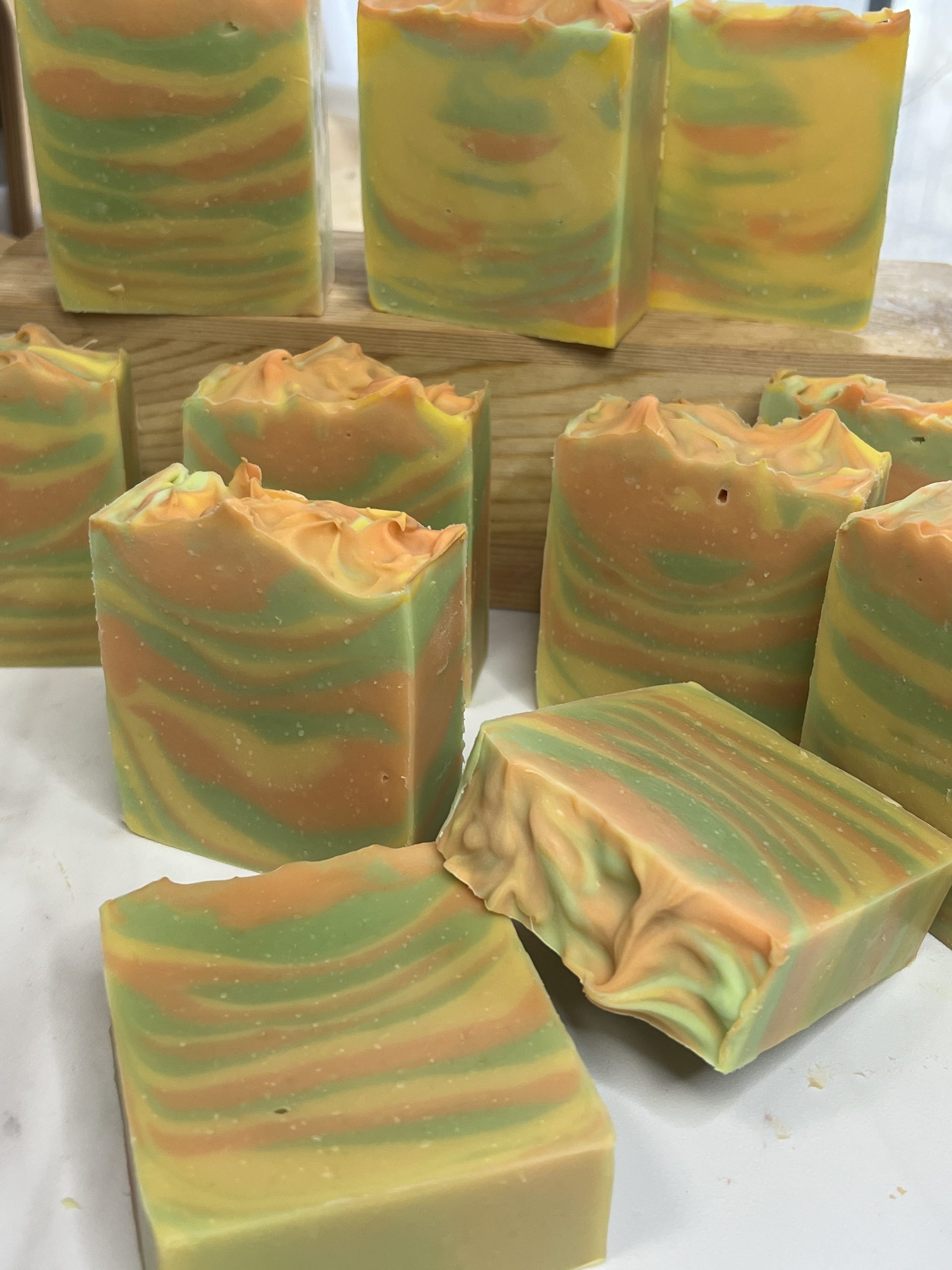 Taste the Rainbow fruity goat milk soap with colorful rainbow striped layers